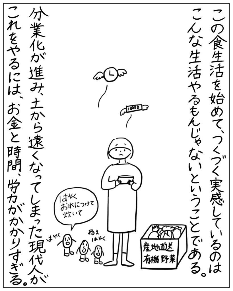 この食生活を始めて、つくづく実感しているのはこんな生活やるもんじゃないということである。分業化が進み、土から遠くなってしまった現代人がこれをやるには、お金と時間、労力がかかりすぎる。