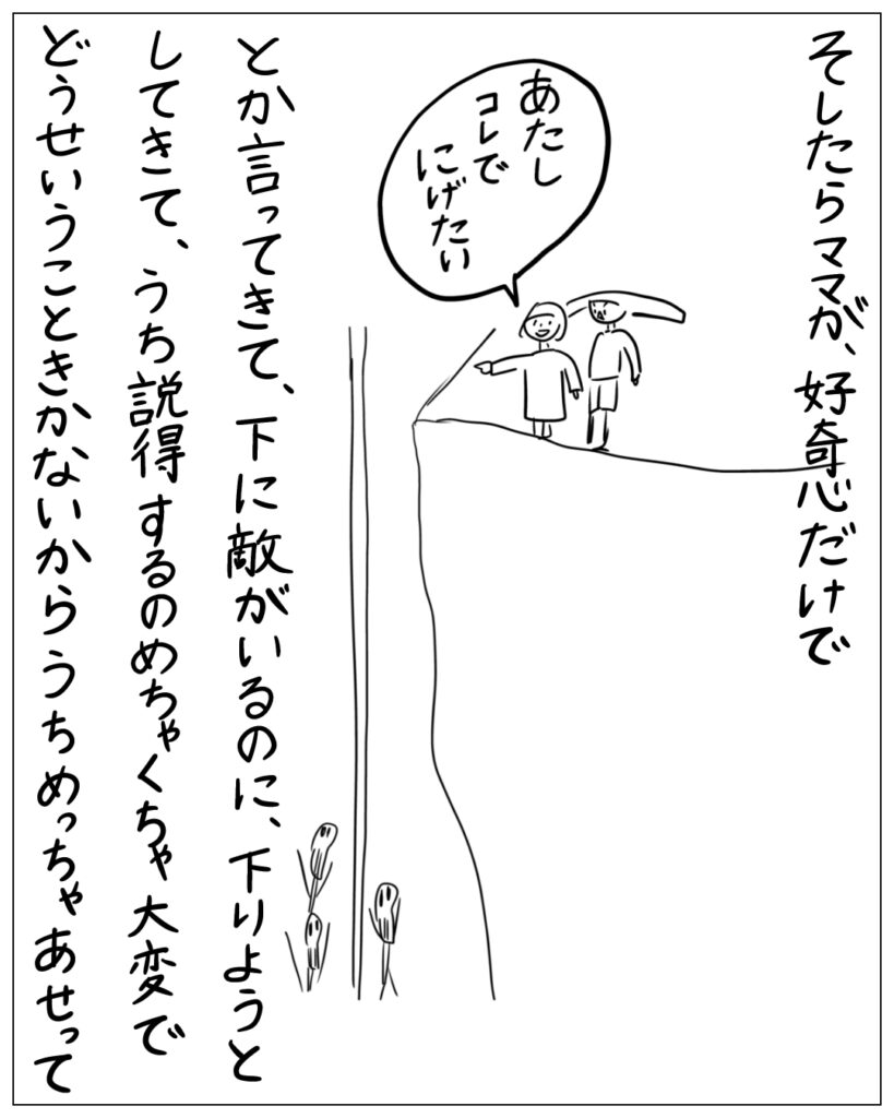 そしたらママが、好奇心だけで「あたしコレでにげたい」とか言ってきて、下に敵がいるのに、下りようとしてきて、うち説得するのめちゃくちゃ大変でどうせいうこときかないからうちめっちゃあせって