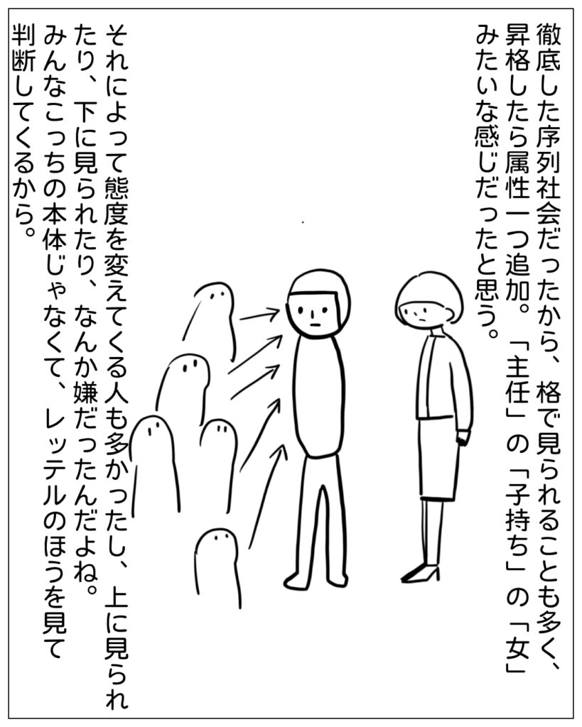 徹底した序列社会だったから、格で見られることも多く、昇格したら属性一つ追加。「主任」の「子持ち」の「女」みたいな感じだったと思う。それによって態度を変えてくる人も多かったし、上に見られたり、下に見られたり、なんか嫌だったんだよね。みんなこっちの本体じゃなくて、レッテルのほうを見て判断してくるから。