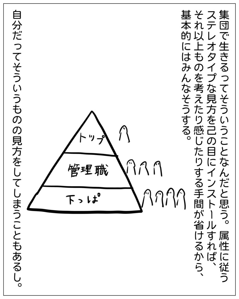 集団で生きるってそういうことなんだと思う。属性に従うステレオタイプな見方を己の目にインストールすれば、それ以上ものを考えたり感じたりする手間が省けるから、基本的にはみんなそうする。自分だってそういうものの見方をしてしまうこともあるし。