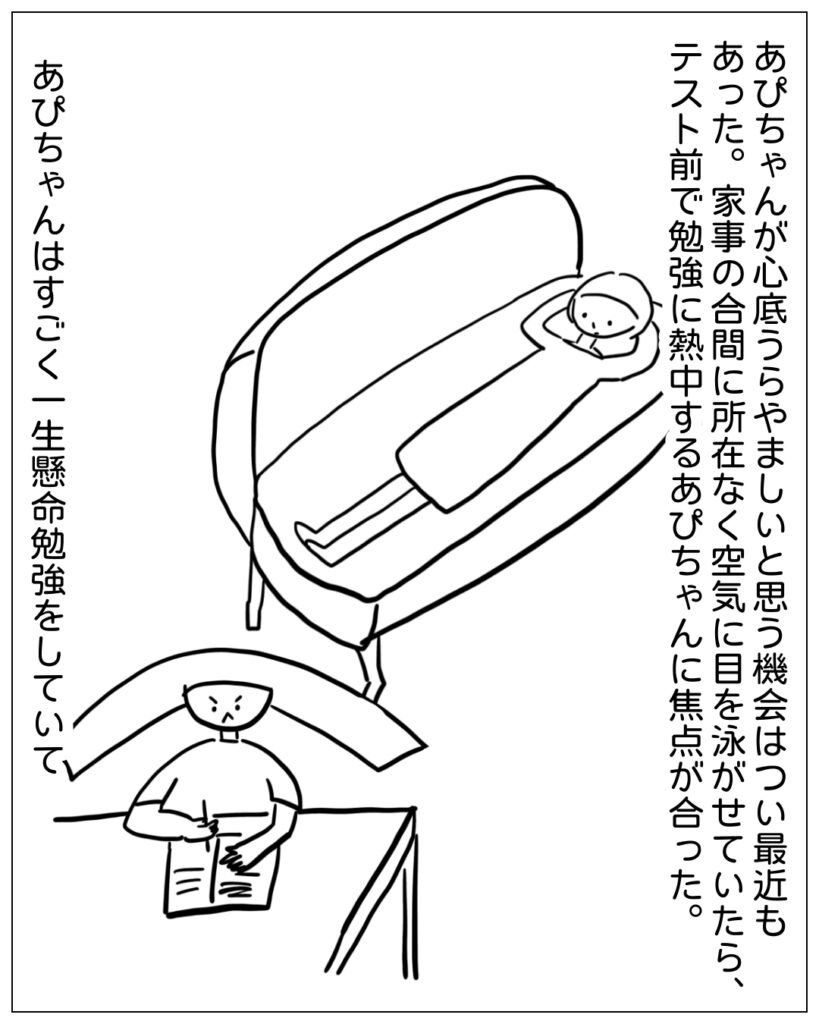 あぴちゃんが心底うらやましいと思う機会はつい最近もあった。家事の合間に所在なく空気に目を泳がせていたら、テスト前で勉強に熱中するあぴちゃんに焦点が合った。あぴちゃんはすごく一生懸命勉強をしていて