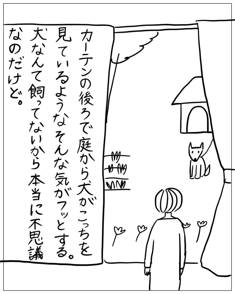 カーテンの後ろで庭から犬がこっちを見ているようなそんな気がフッとする。犬なんて飼ってないから本当に不思議なのだけど。