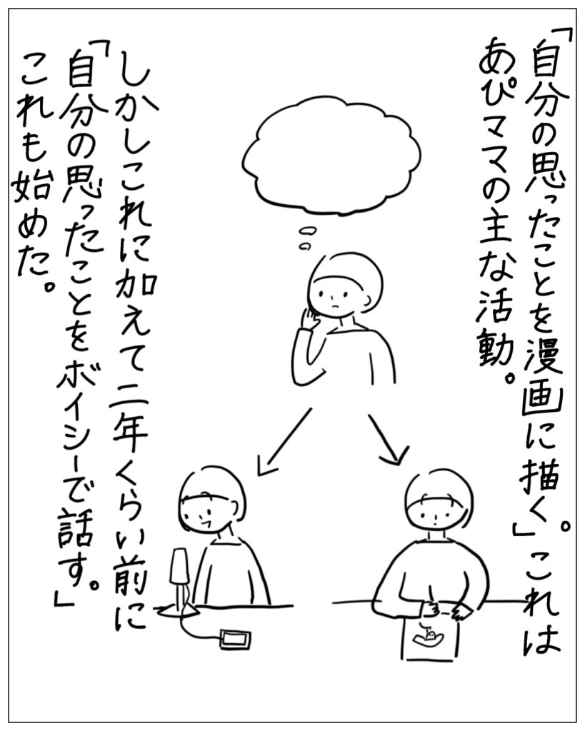 「自分の思ったことを漫画に描く。」これはあぴママの主な活動。しかしこれに加えて二年くらい前に「自分の思ったことをボイシーで話す。」これも始めた。