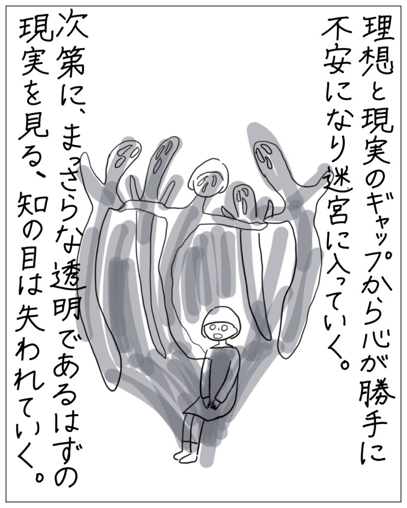 理想と現実のギャップから心が勝手に不安になり迷宮に入っていく。次第に、まっさらな透明であるはずの現実を見る、知の目は失われていく。