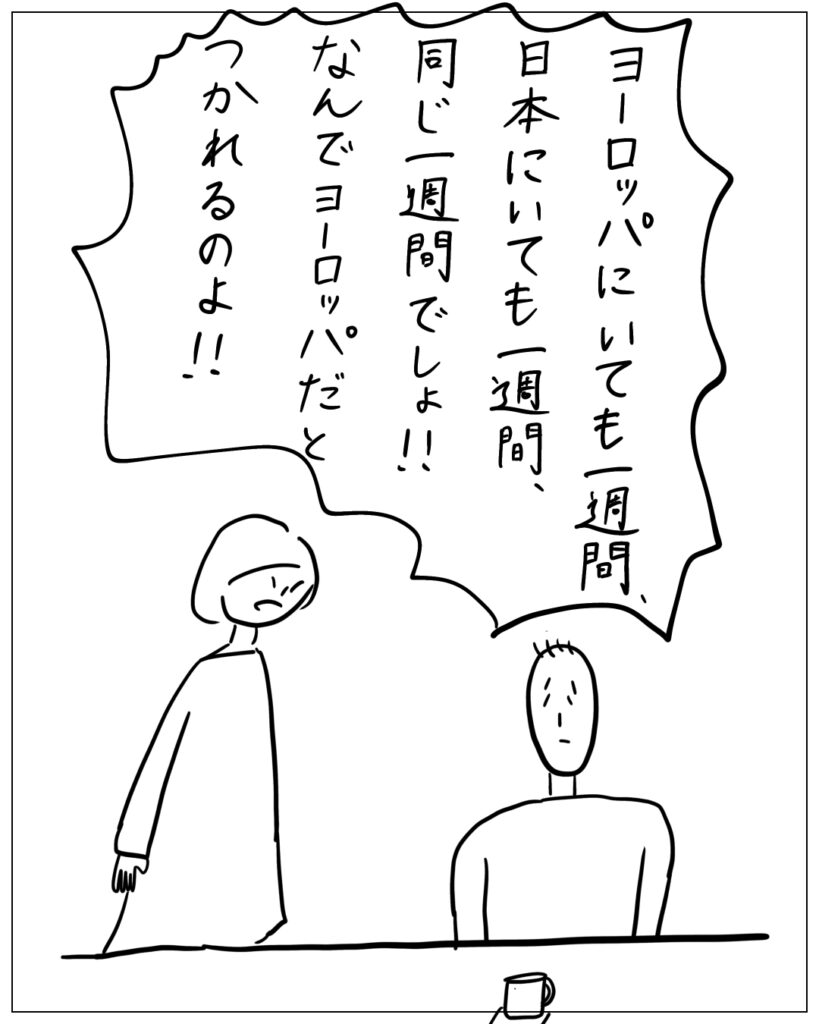 ヨーロッパにいても一週間、日本にいても一週間、同じ一週間でしょ！！なんでヨーロッパだとつかれるのよ！！