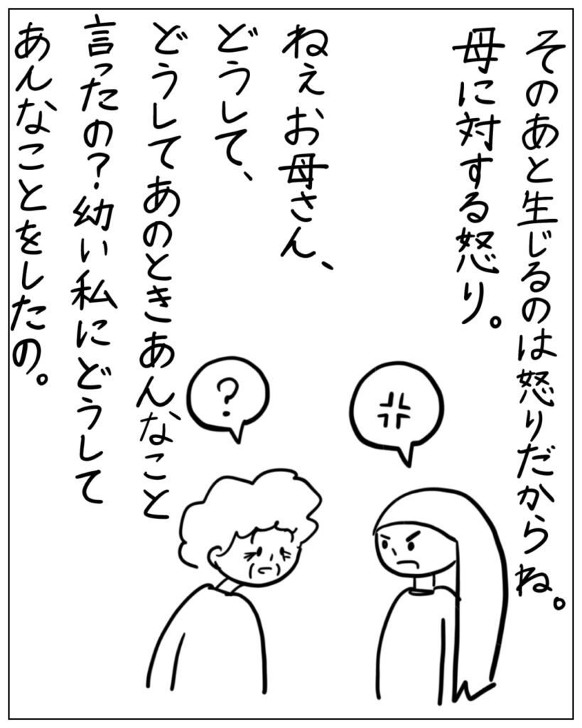 そのあと生じるのは怒りだからね。母に対する怒り。ねぇお母さん、どうして、どうしてあのときあんなこと言ったの？幼い私にどうしてあんなことをしたの。