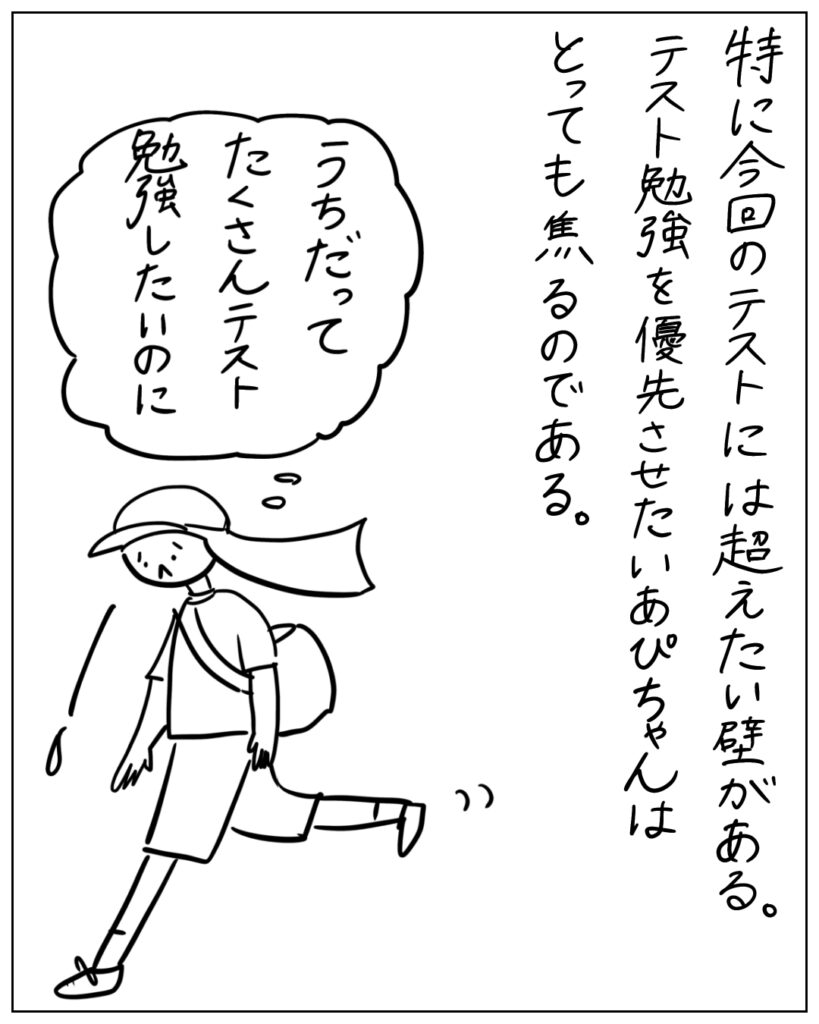 特に今回のテストには超えたい壁がある。テスト勉強を優先させたいあぴちゃんはとっても焦るのである。うちだってたくさんテスト勉強したいのに