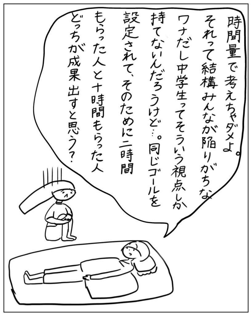 時間量で考えちゃダメよ。それって結構みんなが陥りがちなワナだし中学生ってそういう視点しか持てないんだろうけど･･･。同じゴールを設定されて、そのために二時間もらった人と十時間もらった人どっちが成果出すと思う？