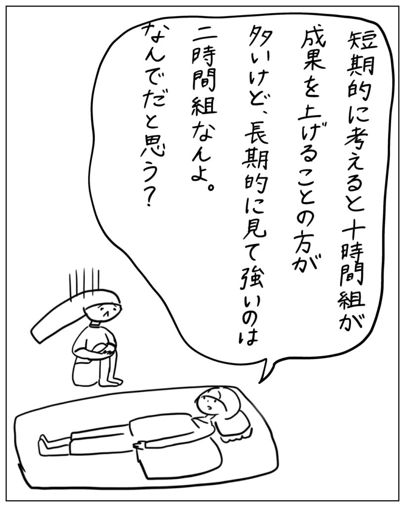 短期的に考えると十時間組が成果を上げることの方が多いけど、長期的に見て強いのは二時間組なんよ。なんでだと思う？