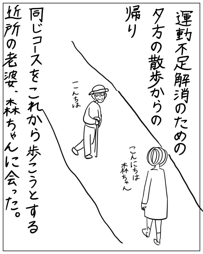 運動不足解消のための夕方の散歩からの帰り、同じコースをこれから歩こうとする近所の老婆、森ちゃんに会った。