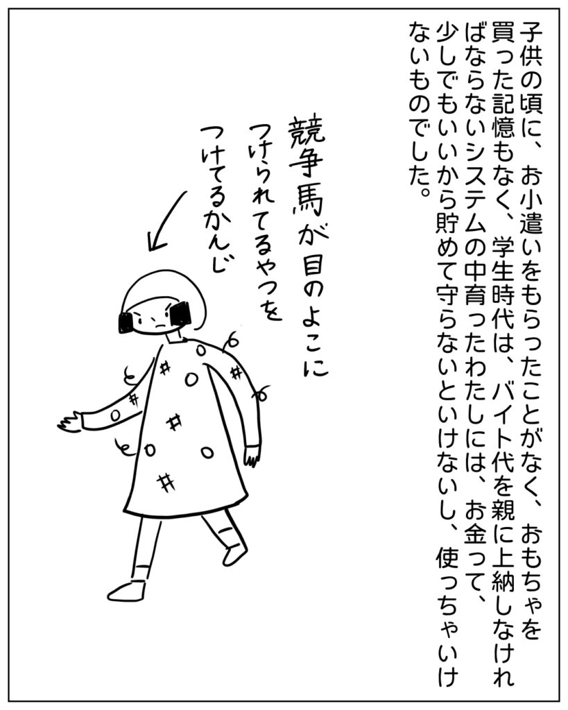 子供の頃に、お小遣いをもらったことがなく、おもちゃを買った記憶もなく、学生時代は、バイト代を親に上納しなければならないシステムの中育ったわたしには、お金って、少しでもいいから貯めて守らないといけないし、使っちゃいけないものでした。競争馬が目のよこにつけられてるやつをつけてるかんじ