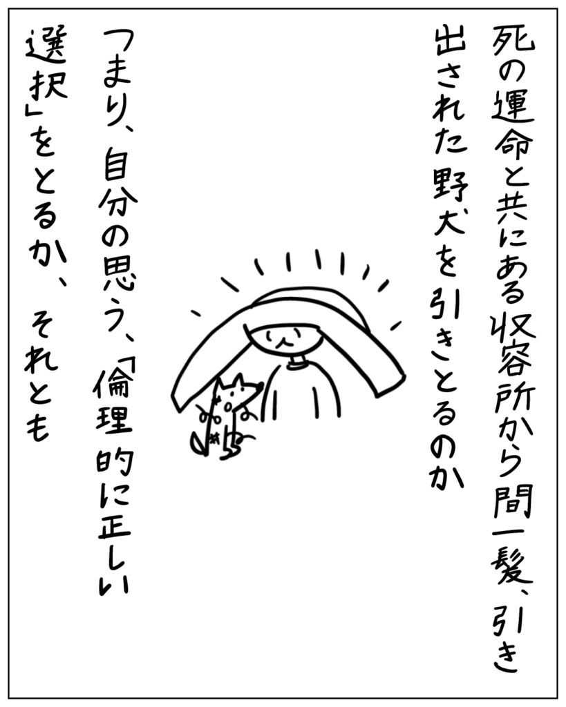 死の運命と共にある収容所から間一髪、引き出された野犬を引きとるのか つまり、自分の思う、「倫理的に正しい選択」をとるか、それとも