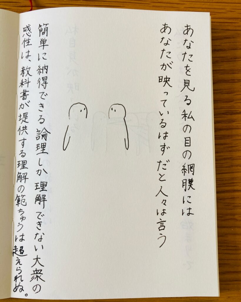 あなたを見る私の目の網膜にはあなたが映っているはずだと人々は言う。簡単に納得できる論理しか理解できない大衆の感性は、教科書が提供する理解の範疇は超えられぬ。