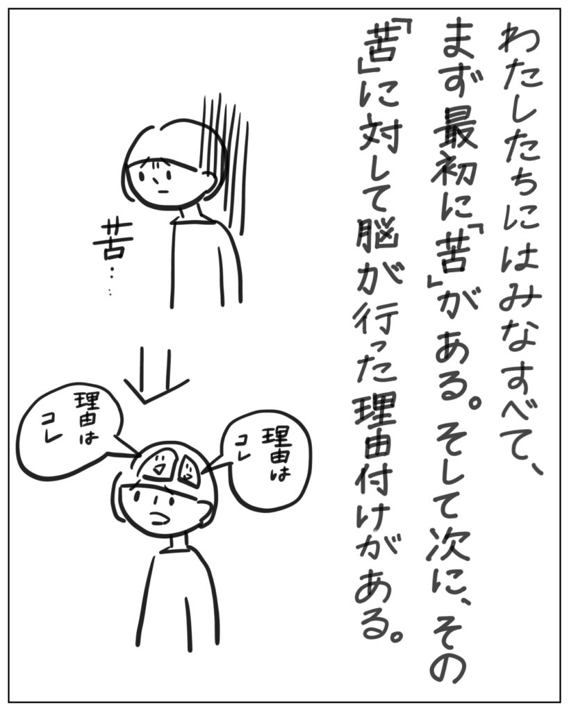 わたしたちにはみなすべて、まず最初に「苦」がある。そして次に、その「苦」に対して脳が行った理由付けがある。