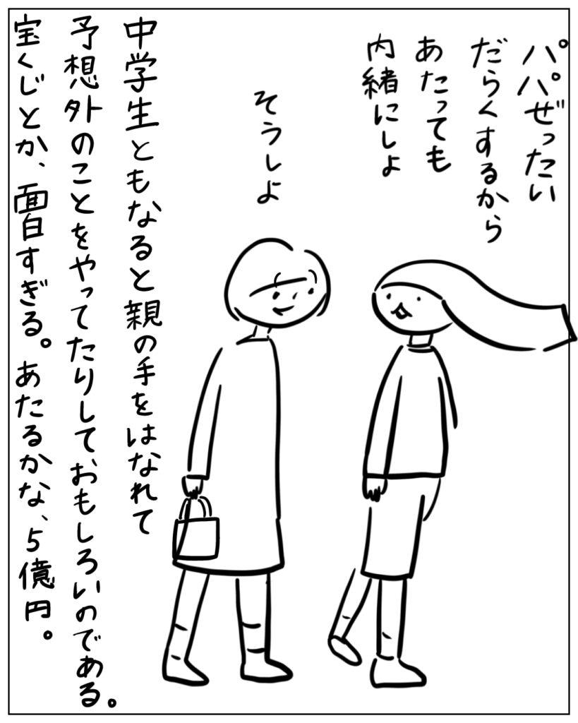 パパぜったいだらくするからあたっても内緒にしよ。そうしよ。 中学生ともなると親の手をはなれて予想外のことをやってたりしておもしろいのである。宝くじとか、面白すぎる。あたるかな、5億円。