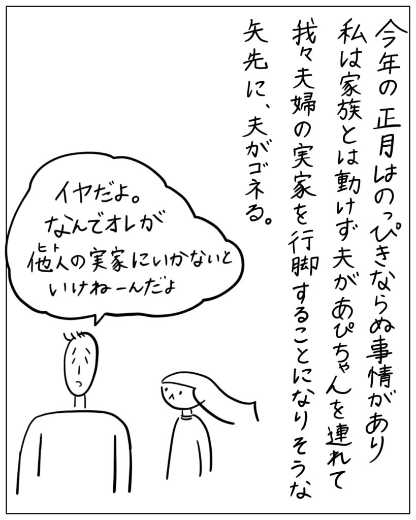 今年の正月はのっぴきならぬ事情があり私は家族とは動けず夫があぴちゃんを連れて我々夫婦の実家を行脚することになりそうな矢先に、夫がゴネる。 イヤだよ。なんでオレが他人の実家にいかいといけねーんだよ