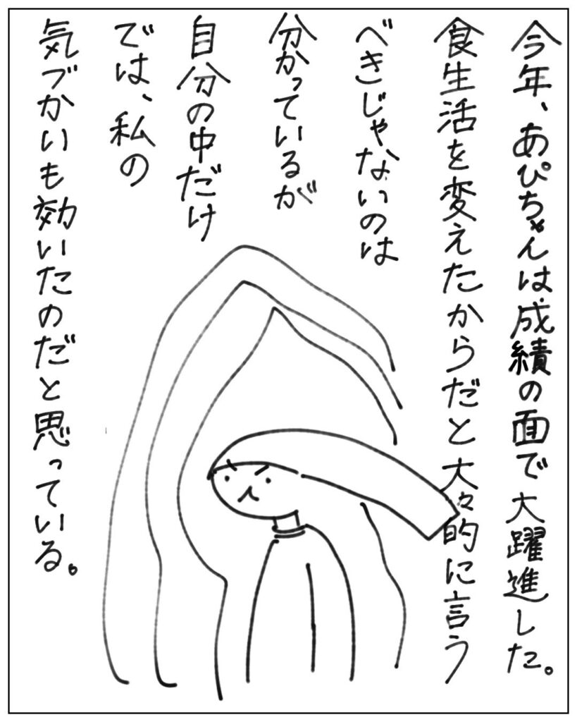 今年、あぴちゃんは成績の面で大躍進した。食生活を変えたからだと大々的に言うべきじゃないのは分かっているが自分の中だけでは、私の気づかいも効いたのだと思っている。