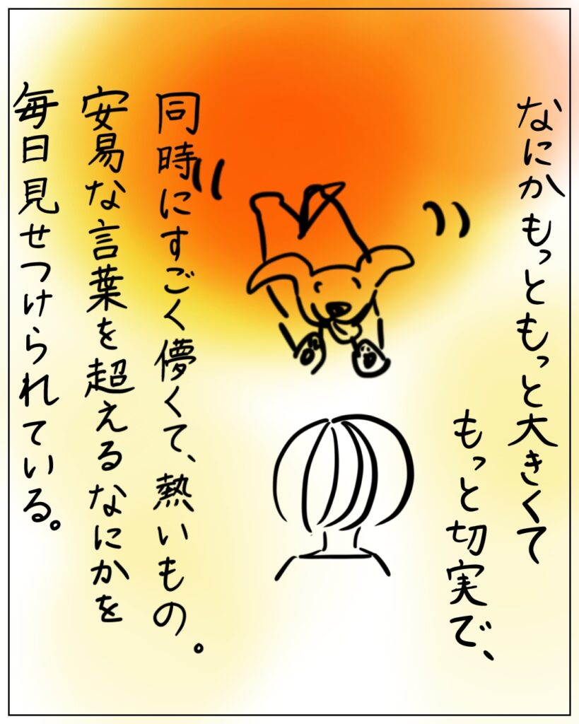 なにかもっともっと大きくてもっと切実で、同時にすごく儚くて、熱いもの。安易な言葉を超えるなにかを毎日見せつけられている。