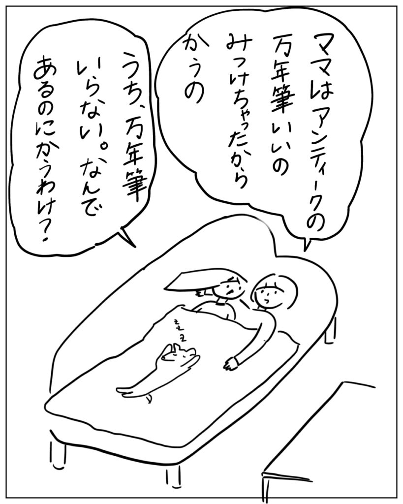 ママはアンティークの万年筆いいのみつけちゃったからかうの。 うち、万年筆いらない。なんであるのに買うわけ？