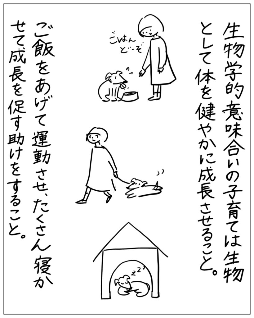 生物学的意味合いの子育ては生物として体を健やかに成長させること。ご飯をあげて運動させ、たくさん寝かせて成長を促す助けをすること。