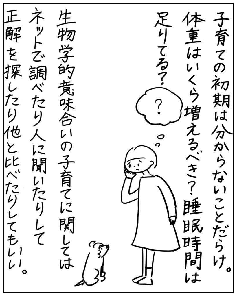 子育ての初期は分からないことだらけ。体重はいくら増えるべき？睡眠時間は足りてる？生物学的意味合いの子育てに関してはネットで調べたり人に聞いたりして正解を探したり他と比べたりしてもいい。