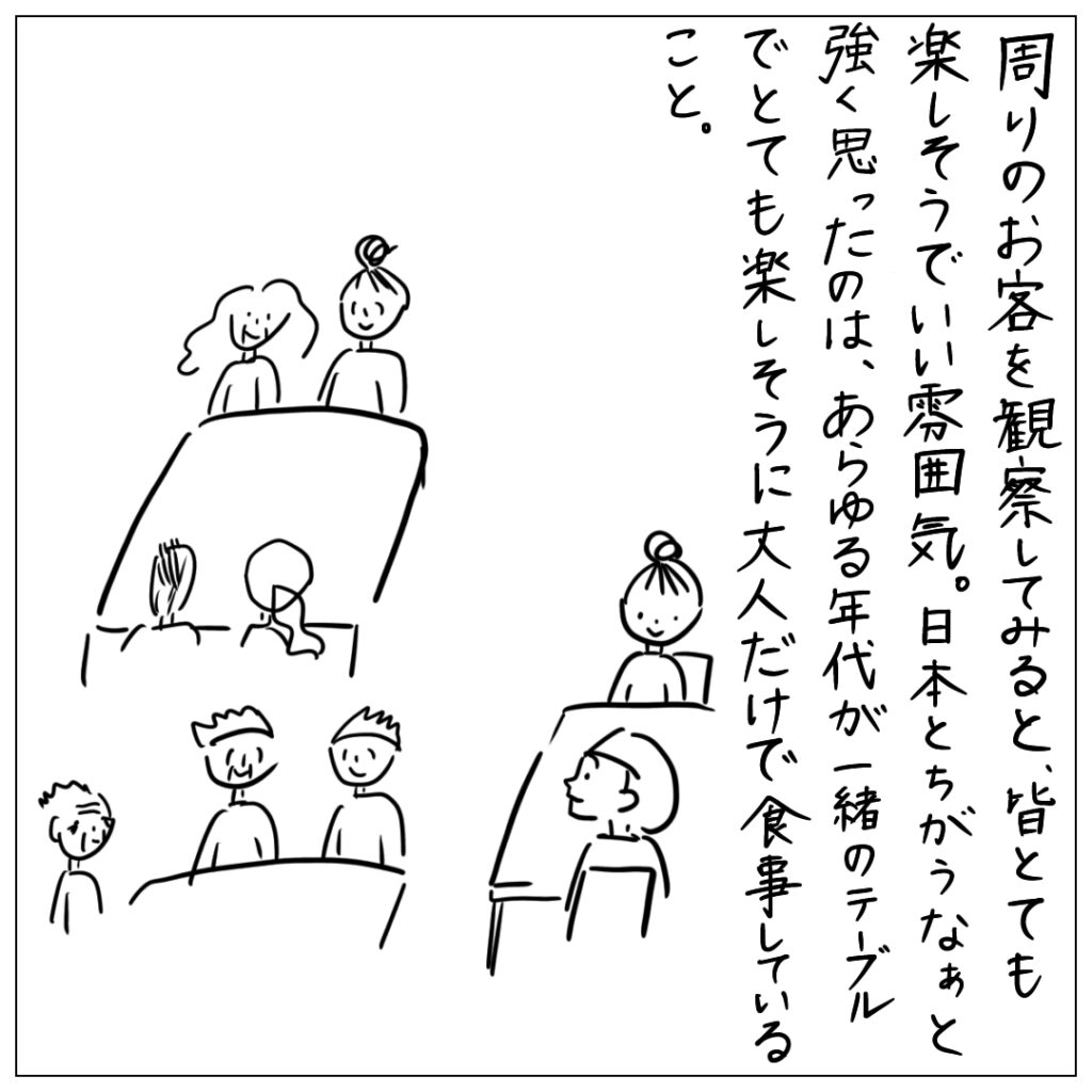 周りのお客を観察してみると、皆とても楽しそうでいい雰囲気。日本とちがうなぁと強く思ったのは、あらゆる年代が一緒のテーブルでとても楽しそうに大人だけで食事していること。
