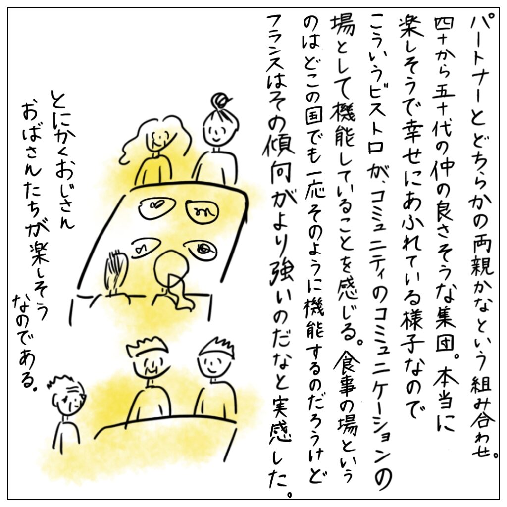 パートナーとどちらかの両親かなという組み合わせ。四十から五十代の仲の良さそうな集団。本当に楽しそうで幸せにあふれている様子なのでこういうビストロが、コミュニティのコミュニケーションの場として機能していることを感じる。食事の場というのはどこの国でも一応そのように機能するのだろうけどフランスはその傾向がより強いのだなと実感した。とにかくおじさんおばさんが楽しそうなのである。