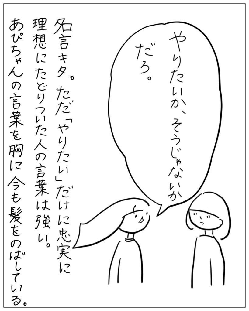 やりたいか、そうじゃないかだろ。 名言キタ。ただ「やりたい」だけでに忠実に理想にたどりついた人の言葉は強い。あぴちゃんの言葉を胸に今も髪をのばしている。