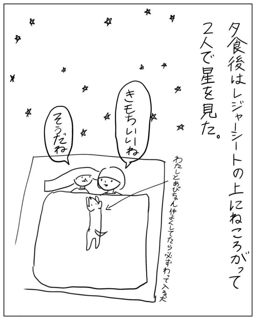 夕食後はレジャーシートの上に寝転がって2人で星を見た。 わたしとあぴちゃんが仲よくしてたら必ずわって入る犬