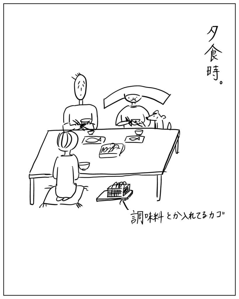 夕食時。調味料とか入れてるカゴ