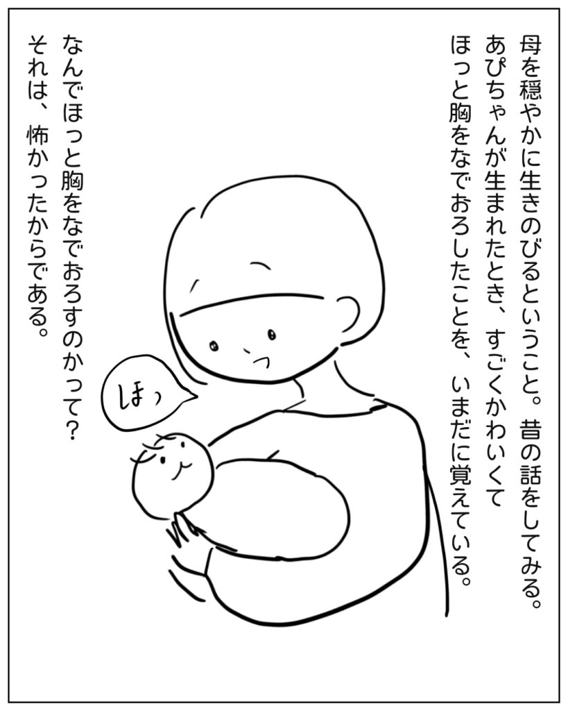 母を穏やかに生きのびるということ。昔の話をしてみる。あぴちゃんが生まれたとき、すごくかわいくてほっと胸をなでおろしたことを、いまだに覚えている。なんでほっと胸をなでおろすのかって?それは、怖かったからである。