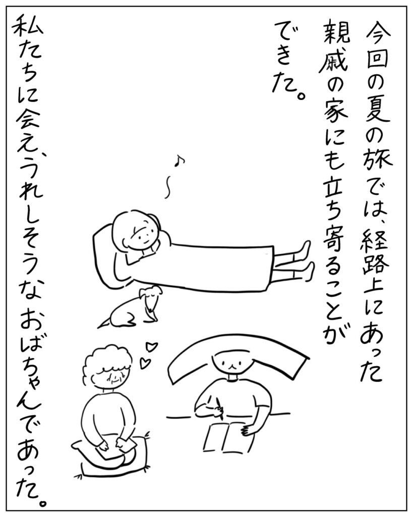 今回の夏の旅では、経路上にあった親戚の家にも立ち寄ることができた。私たちに会え、うれしそうなおばちゃんであった。