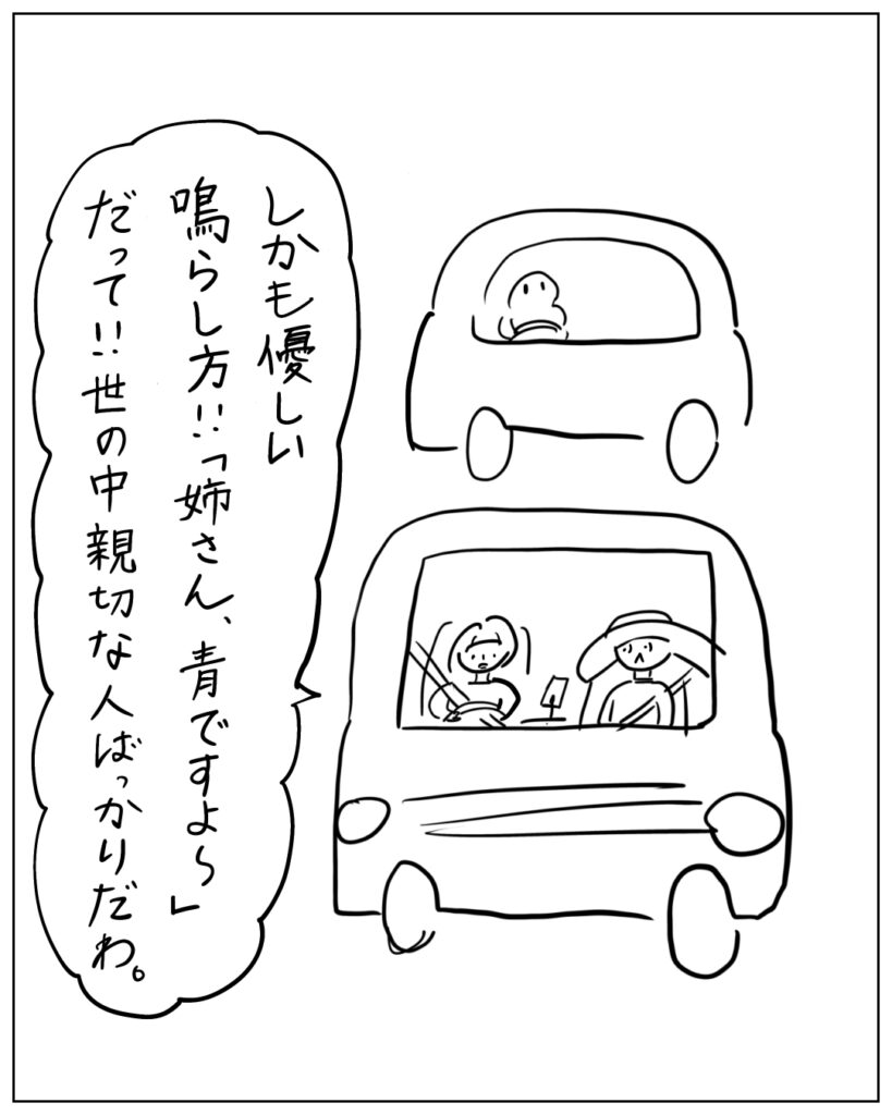 しかも優しい鳴らし方!!「姉さん、青ですよ~」だって!!世の中親切な人ばっかりだわ。