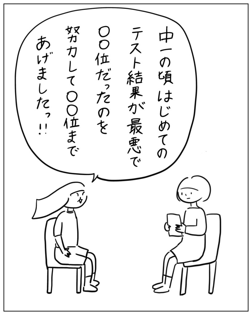 中一の頃はじめてのテスト結果が最悪で○○位だったのを努力して○○位まであげましたっ！！