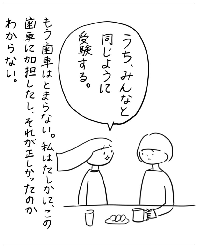 うち、みんなと同じように受験する。 もう歯車はとまらない。私はたしかに、この歯車に加担したし、それが正しかったのかわからない。