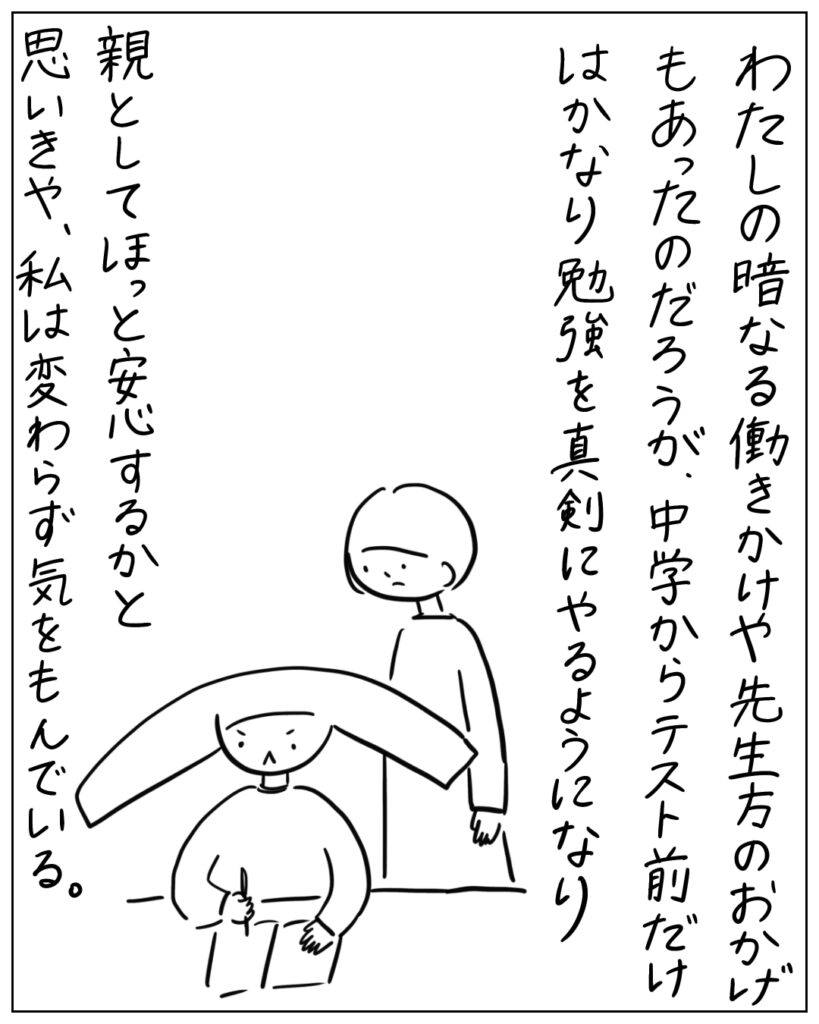 わたしの暗なる働きかけや先生方のおかげもあったのだろうが、中学からテスト前だけはかなり勉強を真剣にやるようになり、親としてほっと安心するかと思いきや、私は変わらず気をもんでいる。