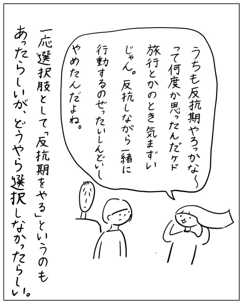 うちも反抗期やろっかな~って何度か思ったんだけど、旅行とかのとき気まずいじゃん。反抗しながら一緒に行動するのぜったいしんどいしやめたんだよね。 一応選択肢として「反抗期をやる」というのもあったらしいが、どうやら選択しなかったらしい。