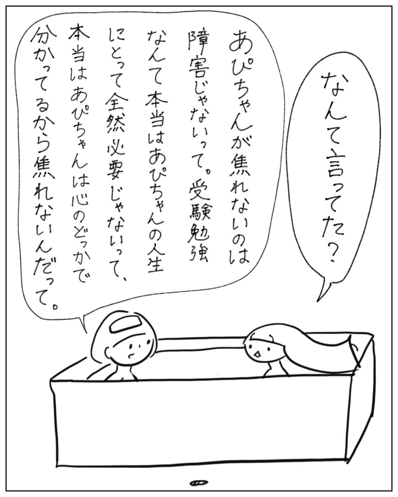 なんて言ってた？ あぴちゃんが焦れないのは障害じゃないって。受験勉強なんて本当はあぴちゃんの人生にとって全然必要じゃないって、本当はあぴちゃんは心のどっかで分かってるから焦れないんだって。