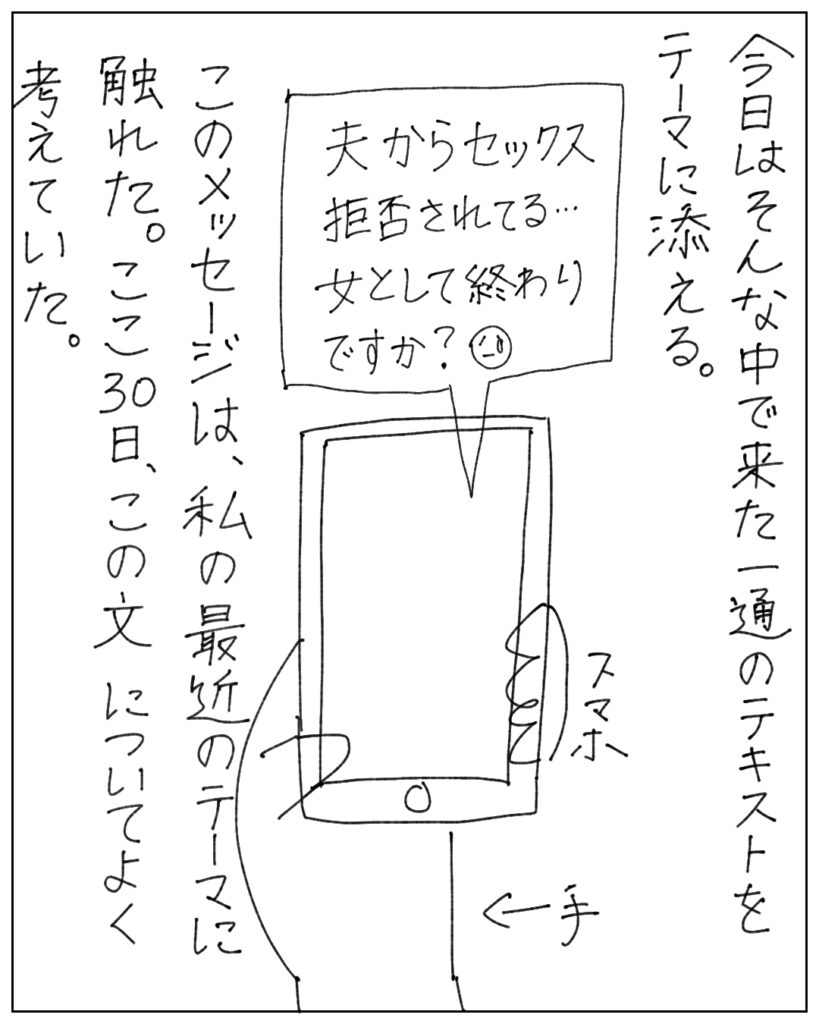 今日はそんな中で来た一通のテキストをテーマに添える。「夫からセックス拒否されてる･･･女として終わりですか？」 このメッセージは、私の最近のテーマに触れた。ここ30日、この文についてよく考えていた。