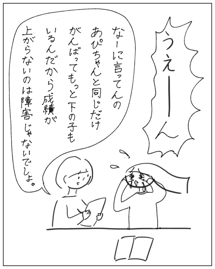 うえーん なーに言ってんの、あぴちゃんと同じだけがんばってもっと下の子もいるんだから成績が上がらないのは障害じゃないでしょ。