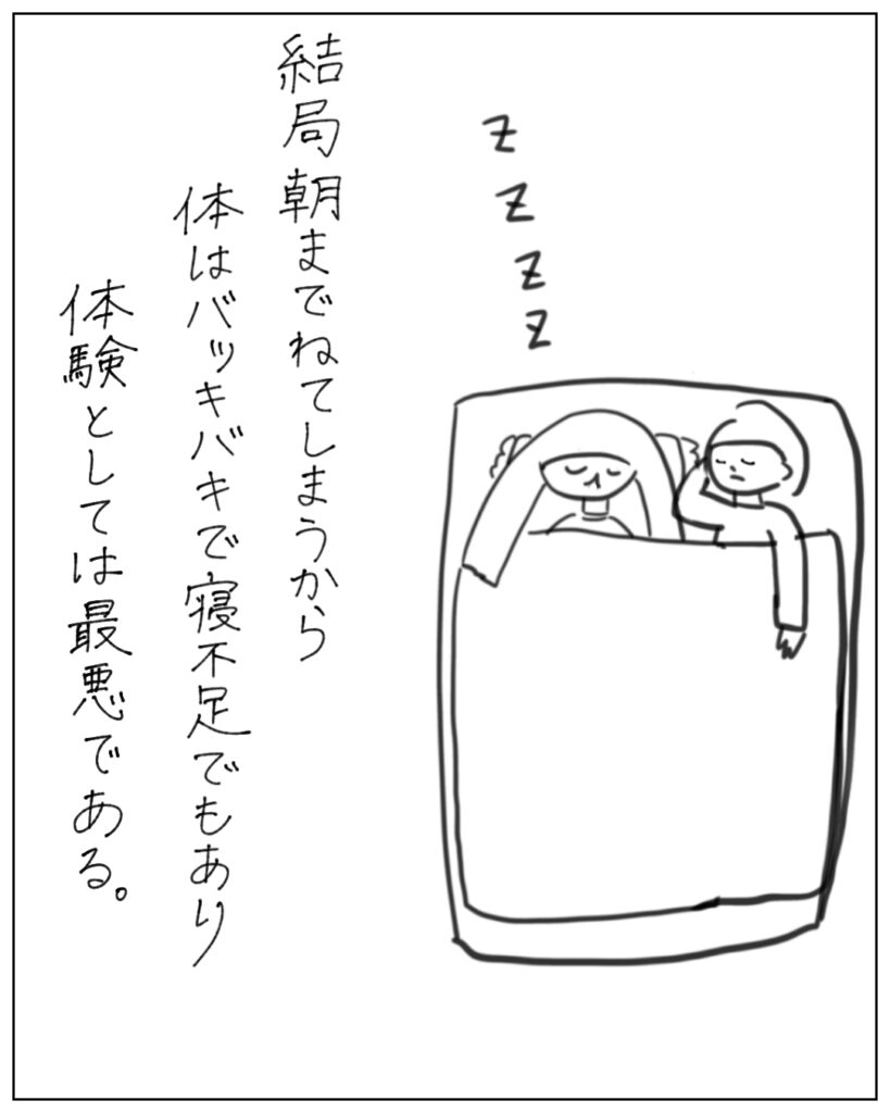 結局朝までねてしまうから体はバッキバキで寝不足でもあり体験としては最悪である。