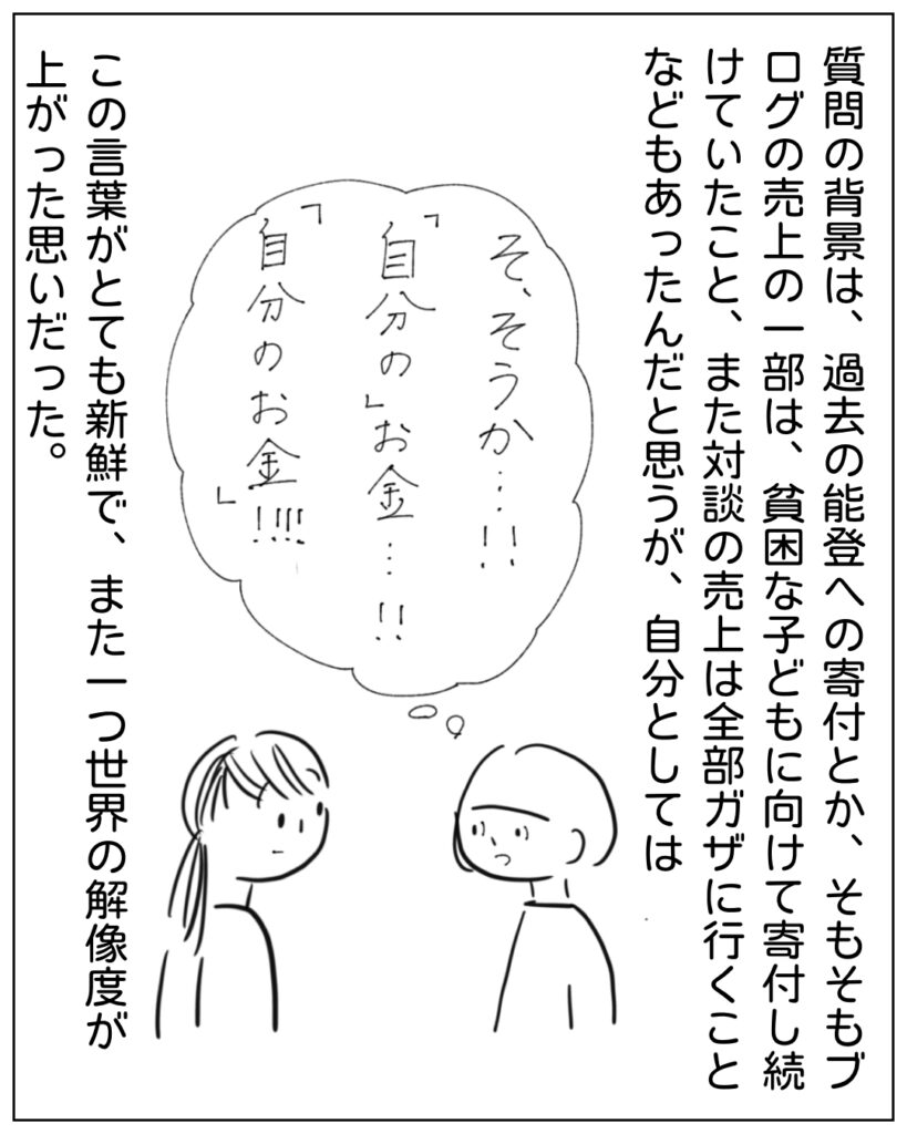 質問の背景は、過去の能登への寄付とか、そもそもブログの売上の一部は、貧困な子どもに向けて寄付し続けていたこと、また対談の売上は全部ガザに行くことなどもあったんだと思うが、自分としては そ、そうか･･･！！「自分の」お金･･･！！「自分のお金！！」 この言葉がとても新鮮で、また一つ世界の解像度が上がった思いだった。