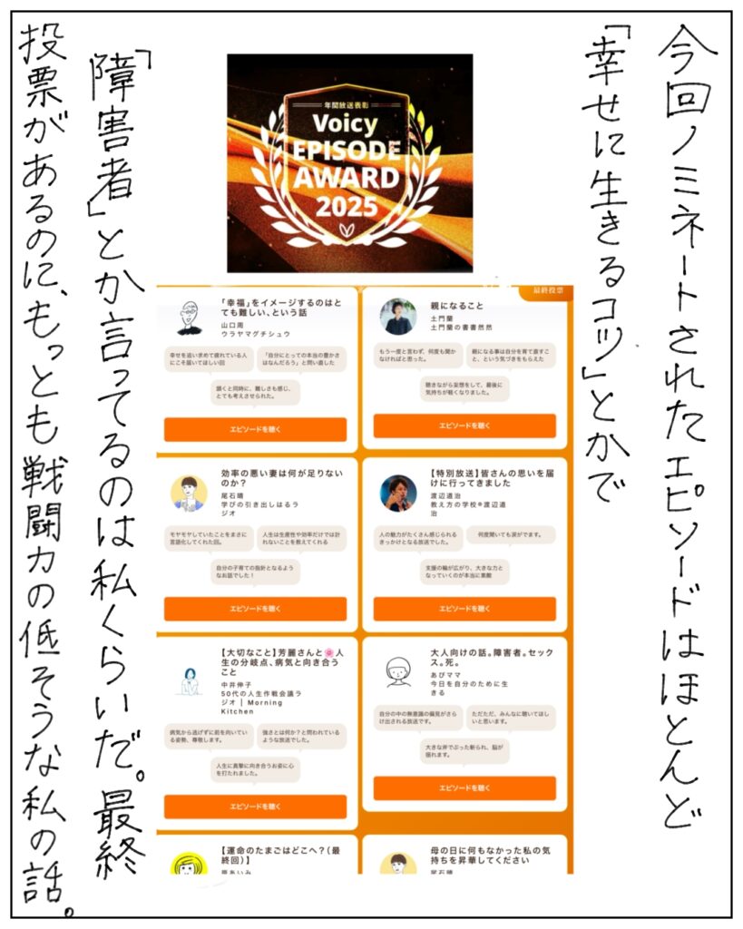 今回ノミネートされたエピソードはほとんど「幸せに生きるコツ」とかで「障害者」とか言ってるのは私くらいだ。最終投票があrのに、もっとも戦闘力の低そうな私の話。