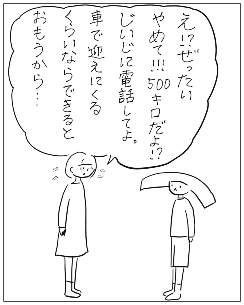 え！？ぜったいやめて！！！500キロだよ！？じいじに電話してよ。車で迎えにくるくらいならできるとおもうから･･･