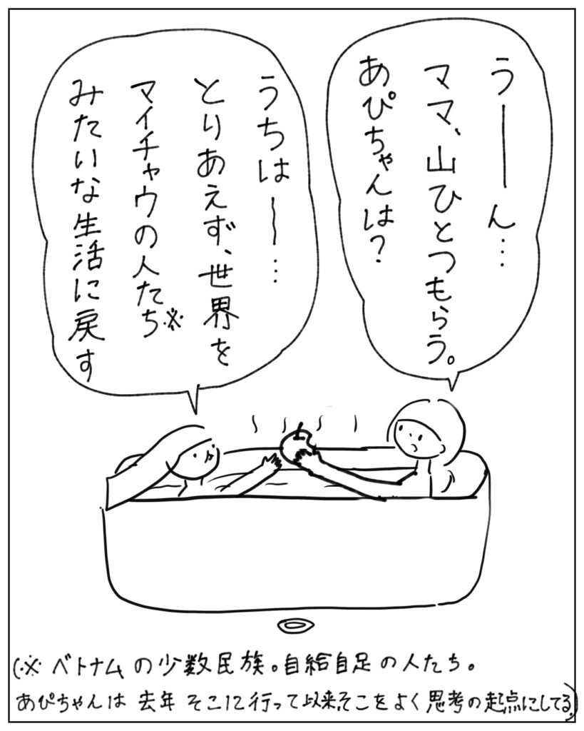 うーん･･･ママ、山ひとつもらう。あぴちゃんは？ うちは～･･･とりあえず、世界をマイチャウの人たちみたいな生活に戻す。 ※ベトナムの少数民族。自給自足の人たち。あぴちゃんは去年そこに行って以来、そこをよく思考の起点にしてる
