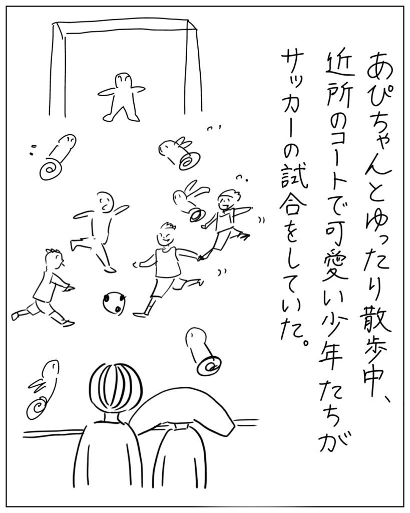 あぴちゃんとゆったり散歩中、近所のコートで可愛い少年達がサッカーの試合をしていた。