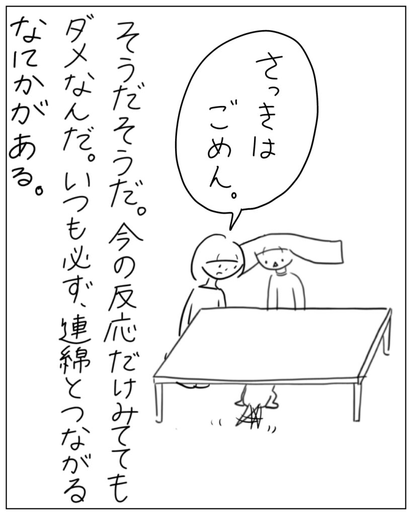 さっきはごめん。 そうだそうだ。今の反応だけみててもダメなんだ。いつも必ず連綿とつながるなにかがある。