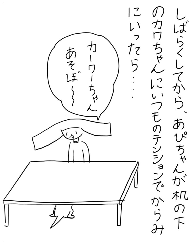 しばらくしてから、あぴちゃんが机の下のカワちゃんにいつものテンションで絡みにいったら･･･ カーワーちゃんあそぼ～～