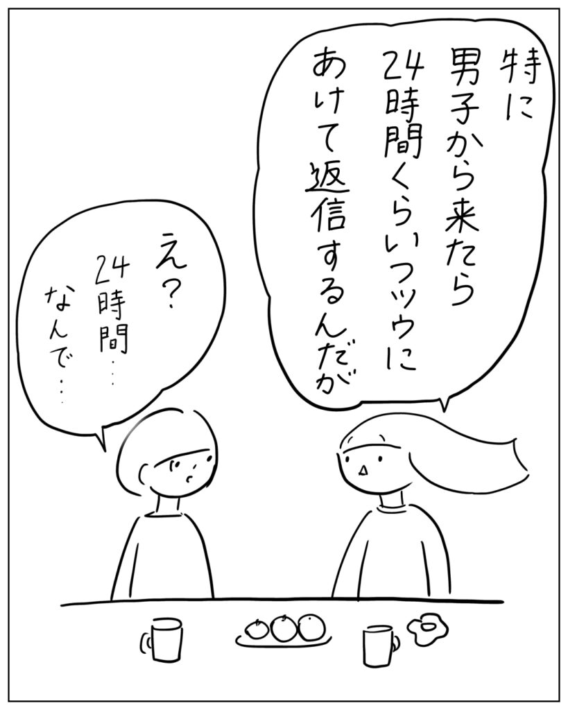 特に男子から来たら24時間くらいフツウにあけて返信するんだが え？24時間･･･なんで･･･