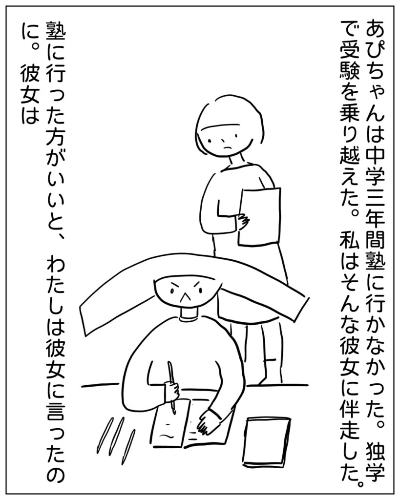 あぴちゃんは中学三年間塾に行かなかった。独学で受験を乗り越えた。私はそんな彼女に伴走した。塾に行った方がいいと、わたしは彼女に言ったのに。彼女は